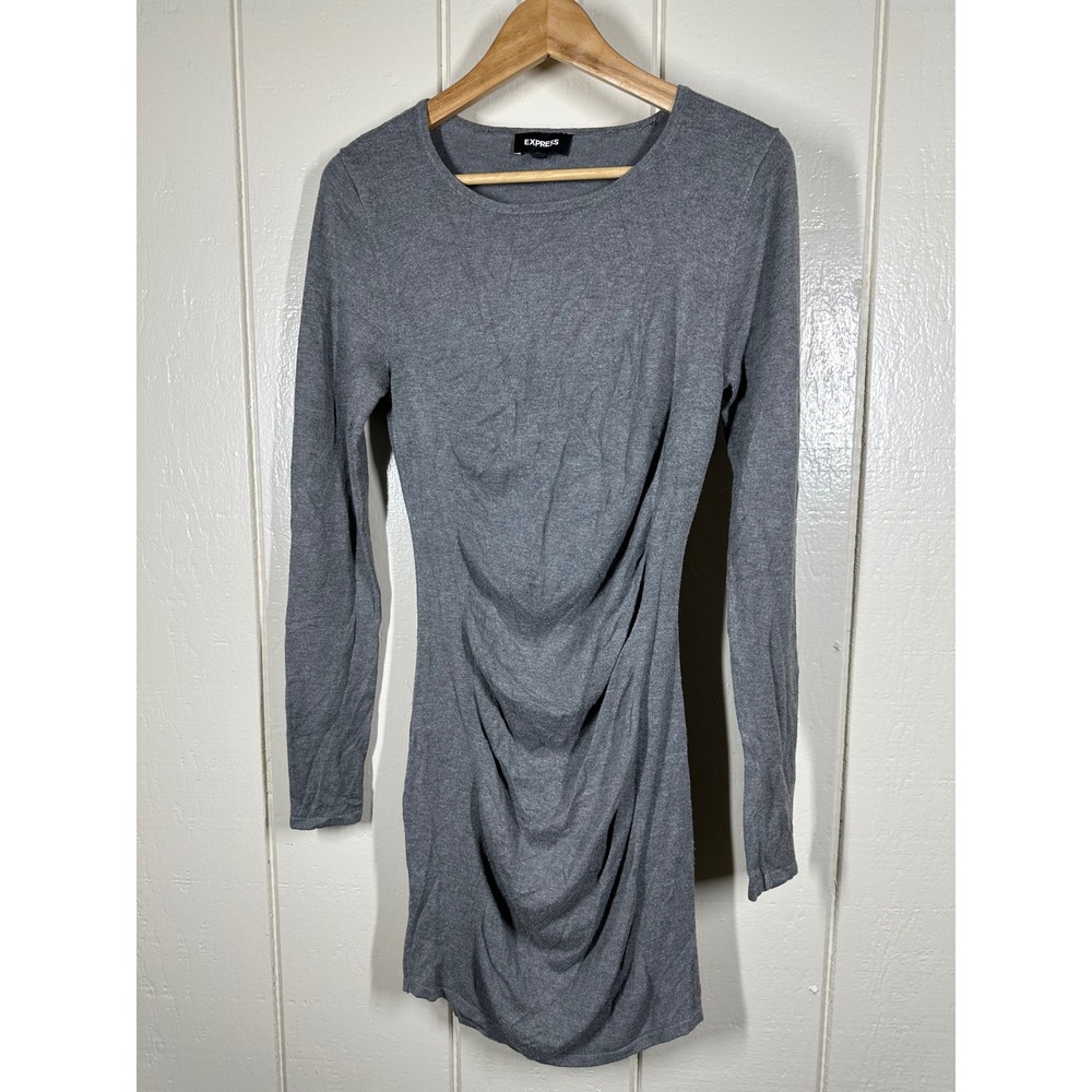 Express Sweater Dress Womens M Gray Ruched Long Sleeve Bodycon Mini Knit 7813